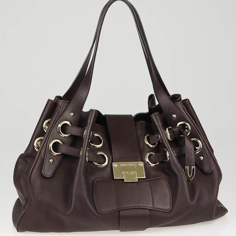 Jimmy Choo dark brown leather Ramona XL shoulder satchel hobo tote bag #00125